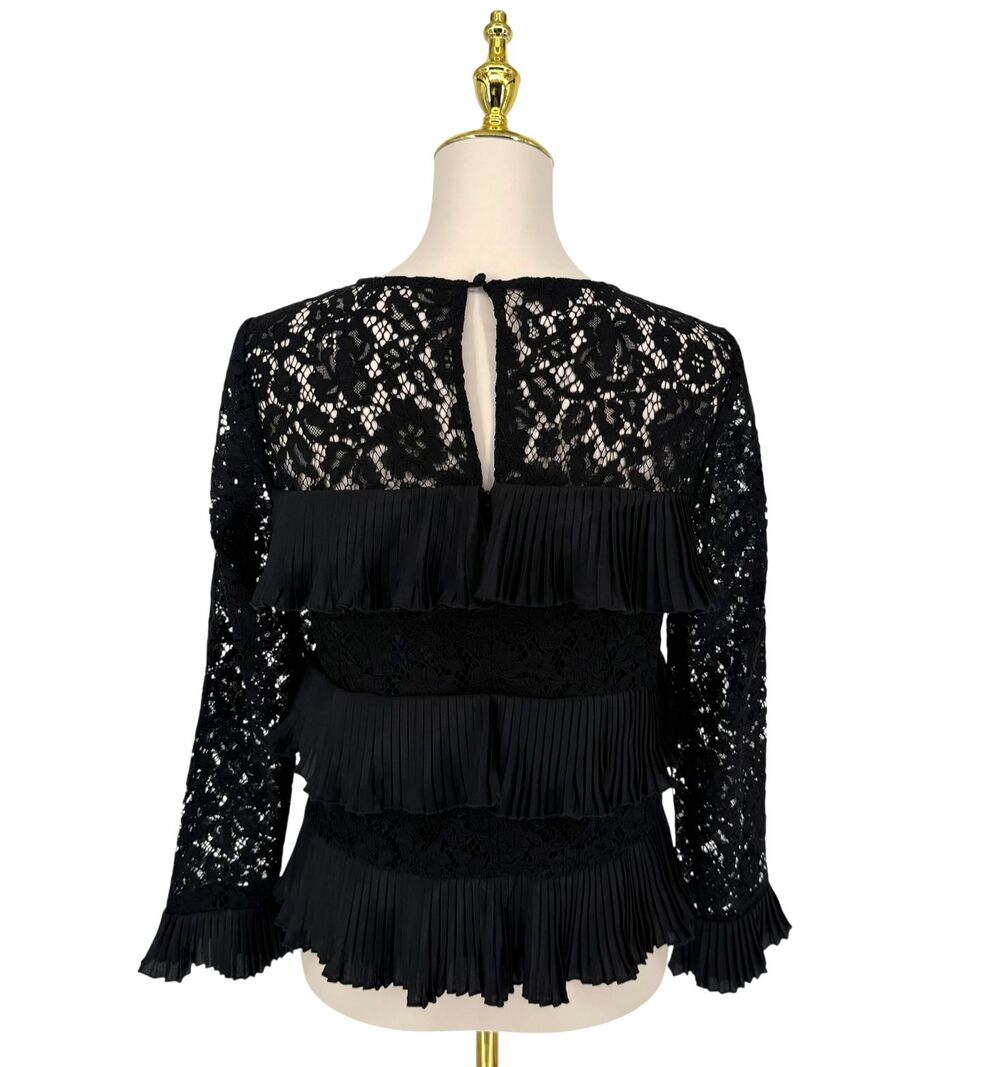 J Crew Black Lace Ruffle Top 4 Sheer Sleeve Floral Pleated Tiered Blouse Keyhole - Picture 8 of 10